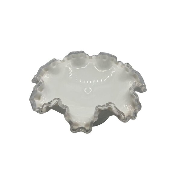 Vtg White Glass with Clear Ribbon Ruffled Footed Compote Candy Dish 4 In Tall - Picture 2 of 9